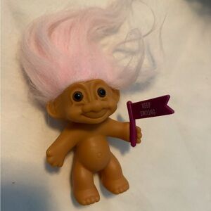 Vintage Lucky Troll Doll Pink Hair “Keep Smiling” Flag Loose Figure 1990s